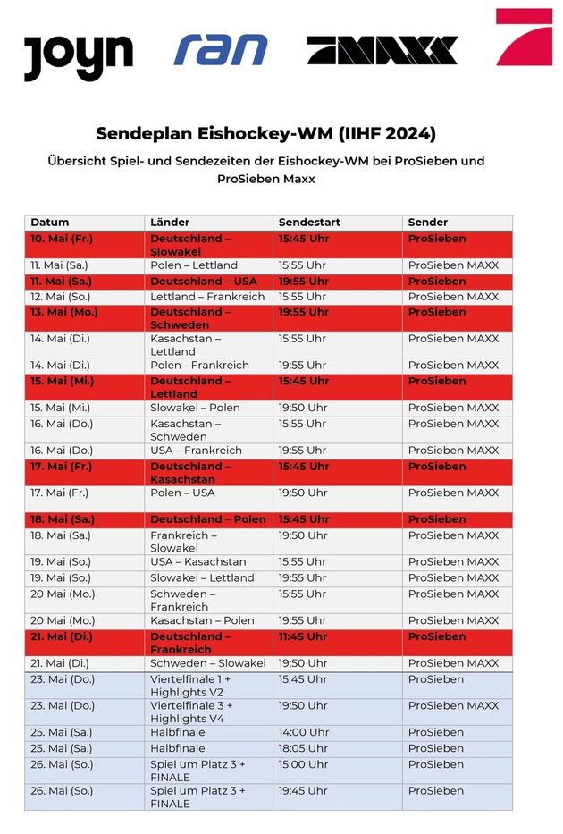 Alle Spiele der deutschen Mannschaft bei der WM auf ProSieben und Joyn: &quot;ran Eishockey live: WM&quot; startet am Freitag