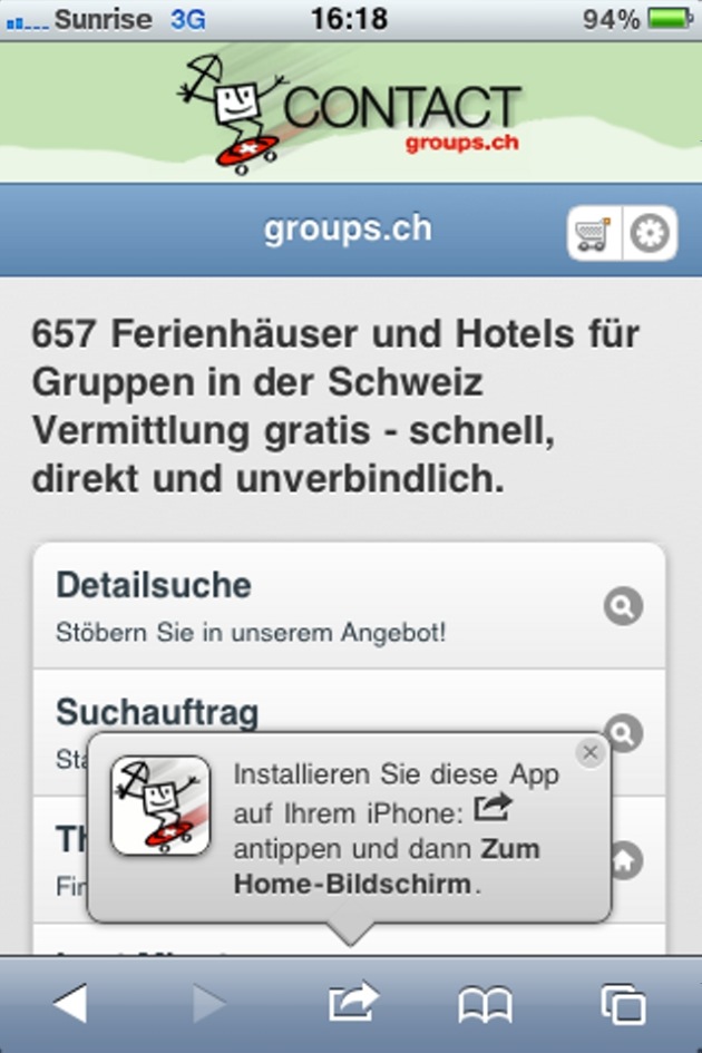 650 Ferienhäuser &amp; Hotels für Gruppen aus der Westentasche: m.groups.ch / Die neue Webapp von CONTACT groups.ch ermöglicht die Planung von Gruppenreisen unterwegs