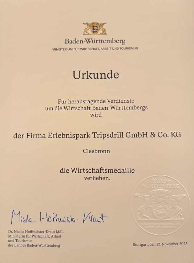 Tripsdrill erhält Wirtschaftsmedaille des Landes Baden-Württemberg