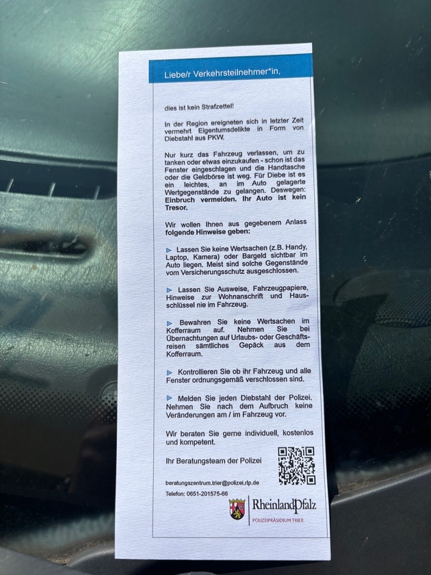 POL-PDTR: Zentrale Prävention und Bezirksdienst informieren gemeinsam über Diebstähle aus PKWs