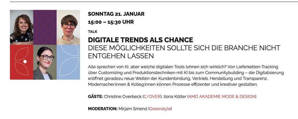 Einladung zum Talk &quot;Digitale Trends als Chance&quot; auf der Innatex Messe in Frankfurt mit Frau Prof. Ilona Kötter von der AMD Akademie Mode &amp; Design am 21. Januar
