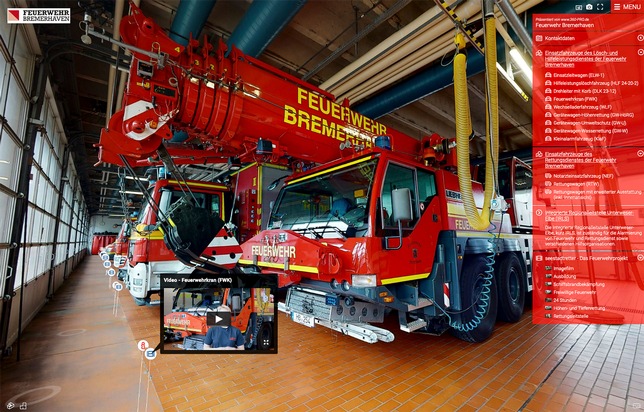 FW Bremerhaven: Neue virtuelle Präsenz der Feuerwehr Bremerhaven. Einladung zum Rundgang durch die Leitstelle und Fahrzeughallen der Feuerwehr Bremerhaven.