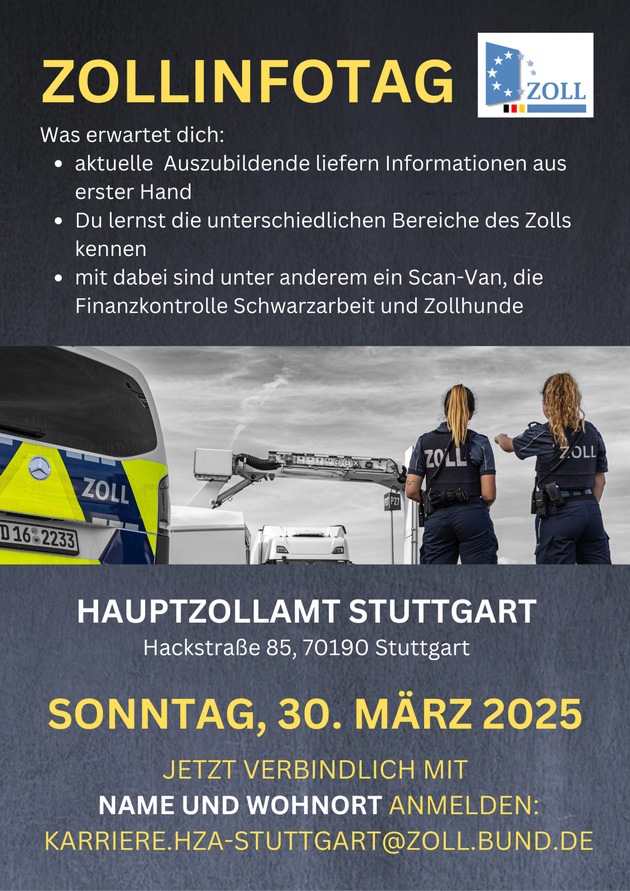 HZA-S: Zollinfotag am Sonntag, 30. März 2025 beim Hauptzollamt Stuttgart / Einblicke in die Zollverwaltung und Informationen zu Ausbildung und Studium