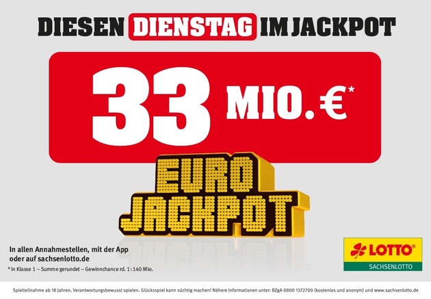 Glückstag Freitag: Eurojackpotgewinn von 205.112 Euro in Sachsen | Jackpot wächst auf 33 Millionen Euro