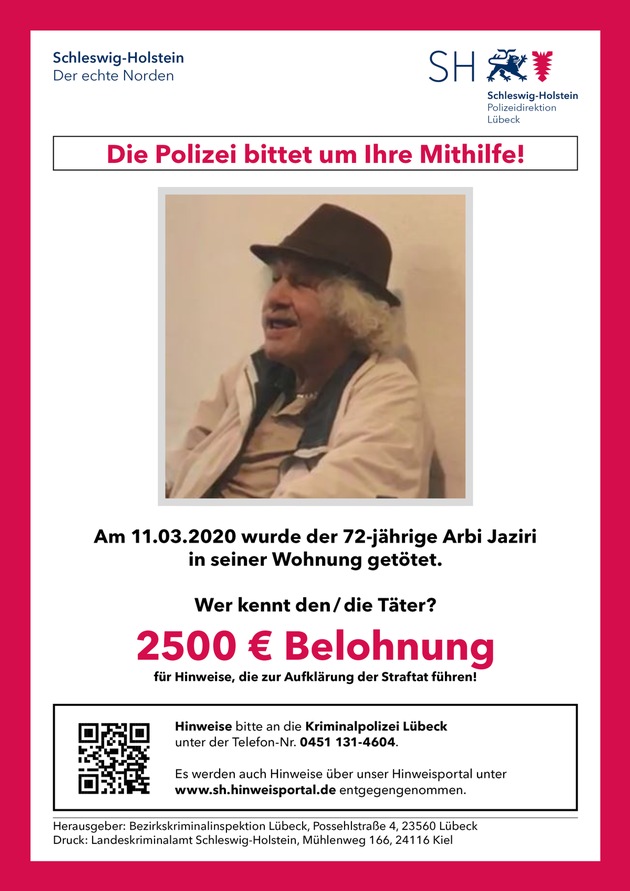 POL-HL: HL-St. Lorenz Nord / 72-jähriger tot in der Wohnung aufgefunden - Belohnung von 2.500,00 EUR ausgesetzt