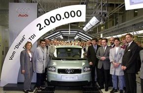 Audi AG: Vom Erfinder des TDI: Der 2-millionste Audi-Diesel - ein A2 1.2 TDI / 20 Jahre Dieseltechnologie von Audi / 44 Prozent aller neuen Audi mit TDI ausgestattet