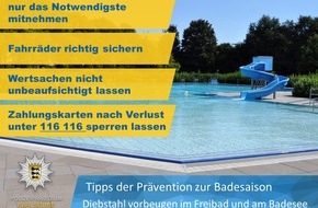 Polizeipräsidium Karlsruhe: POL-KA: Das Polizeipräsidium Karlsruhe rät: Badezeit ist Diebstahlzeit - Schützen Sie im Freibad und am Badesee Ihre Wertsachen vor Diebstahl