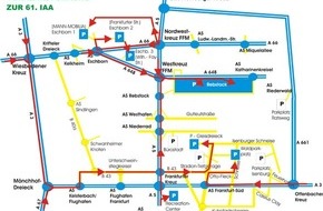 Polizeipräsidium Frankfurt am Main: POL-F: 050909- 0869	Polizeiliche Informationen zur 61. Internationalen Automobilausstellung (IAA) in Frankfurt am Main - Plan für Verkehrsführung und Parkplatzbelegung beachten