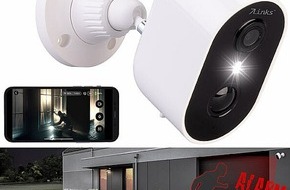 PEARL GmbH: Einbrecher abschrecken - drahtlose Überwachung mit Sirene und App: 7links Akku-Outdoor-IP-Überwachungskamera IPC-775 mit 2K, 3 MP, WLAN, App, PIR, IP65
