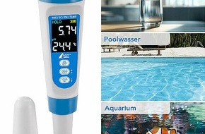 PEARL GmbH: Wasserqualität & -temperatur von Pool, Teich- & Trinkwasser überwachen: AGT Digitales 4in1-Wasserqualitäts-Messgerät, LCD-Display, IP55