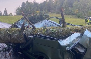 Polizeipräsidium Freiburg: POL-FR: Unwetter - Warnung vor Sturmtief mit einzelnen Orkanböen - mehrere Schäden durch Windbruch - Baum knickt ab und stürzt auf vorbeifahrenden Pkw - 2 schwer verletzte Personen