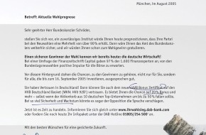 DAB BNP PARIBAS: DAB bank macht Wahlgeschenk / Power- und Bonus Zertifikate auf den HVB Deutschland Basket / Werbekampagne mit offenen Briefen an Schröder und Merkel