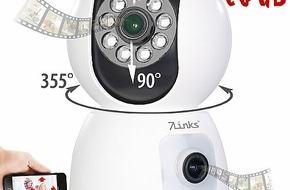 PEARL GmbH: 360°-Überwachung mit 2 Linsen: 7links Dual-Linsen-WLAN-Kamera IPC-500.duo, je Full HD, Farb-Nachtsicht, Tracking, Sirene