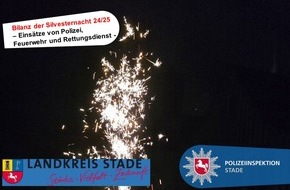 Polizeiinspektion Stade: POL-STD: 60 Einsatzsätze für Polizei - 25 Einsätze für Feuerwehr - 31 Einsätze für Rettungsdienst - Bilanz der Silvesternacht im Landkreis Stade
