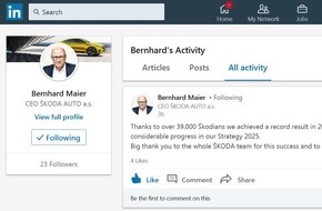 Skoda Auto Deutschland GmbH: SKODA AUTO Vorstandsvorsitzender Bernhard Maier ab sofort auf LinkedIn aktiv (FOTO)