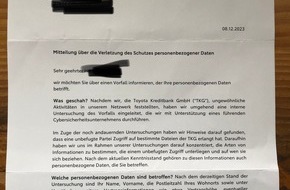 Dr. Stoll & Sauer Rechtsanwaltsgesellschaft mbH: Toyota Financial Service informiert Kunden über Datenleck