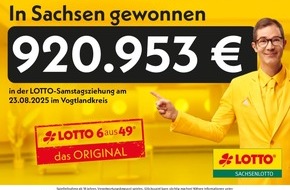 Sächsische Lotto-GmbH: Sechs Richtige im Vogtlandkreis: 920.953 Euro bei LOTTO 6aus49