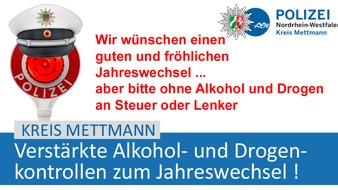 Polizei Mettmann: POL-ME: Verstärkte Alkohol- und Drogenkontrollen im Straßenverkehr auch über den Jahreswechsel ! - Kreis Mettmann - 1912142