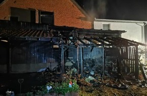 Freiwillige Feuerwehr Borgentreich: FW Borgentreich: Brandt einer Gartenhütte. 4 Personen wurde verletzt. Das Feuer griff auf eine angrenzende Garage über.