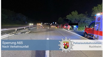 Polizeidirektion Neustadt/Weinstraße: POL-PDNW: Polizeiautobahnstation Ruchheim - Verkehrsunfall auf der A65 Richtung Ludwigshafen bei Dannstadt-Schauernheim. Kurzzeitige Vollsperrung