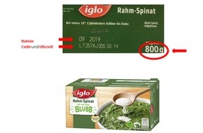 iglo Deutschland: Produktrückruf / iglo ruft vorsorglich "800g-Packung/iglo Rahm-Spinat" zurück (FOTO)