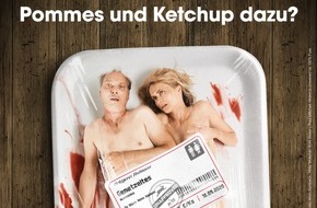 PETA Deutschland e.V.: Christine Sommer und Martin Brambach zum Reinbeißen: Schauspieler enthüllen spektakuläres PETA-Motiv / Kampagne gegen Ausbeutung in der Fleischindustrie