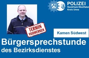 Kreispolizeibehörde Unna: POL-UN: Kamen - Bürgersprechstunde des Bezirksdienstes der Polizei im Bürgerhaus Kamen Methler - Bezirksbeamter Marc Westerhoff bietet am 25.11.2019 Informationen und Hilfe an -