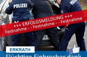 Polizei Mettmann: POL-ME: Einbrecher dank aufmerksamem Zeugen auf der Flucht festgenommen - Erkrath - 2002121
