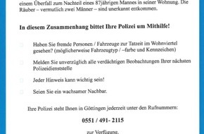 Polizeiinspektion Göttingen: POL-GÖ: (486/2018) Göttingen:  87 Jahre alter Senior nach schwerem Raub verstorben, Polizei richtet zehnköpfige Ermittlungsgruppe im Zentralen Kriminaldienst ein