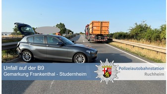 Polizeidirektion Neustadt/Weinstraße: POL-PDNW: Polizeiautobahnstation Ruchheim - Verkehrsunfall mit hohem Sachschaden - Vollsperrung B9