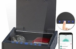 PEARL GmbH: Wertsachen schützen und zugänglich machen: Xcase Smarter Tresor mit biometrischer Fingerabdruckerkennung, App und optionaler Gateway