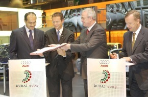 Audi AG: Audi stellt Fahrservice für Tagung von Weltbank und Internationalem
Währungsfonds 2003 in Dubai / Vertrag auf dem Automobilsalon in Paris
unterzeichnet / 250 Audi A8 werden im Einsatz sein