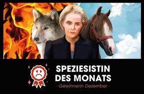 PETA Deutschland e.V.: Ursula und der Wolf: PETA verleiht von der Leyens persönlichem Einsatz gegen Wölfe Negativpreis "Speziesismus des Monats"