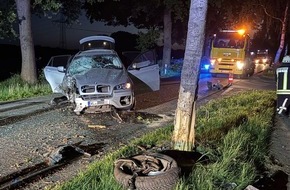 Polizeiinspektion Stade: POL-STD: Autofahrer kommt unter Alkoholeinfluss von der Straße ab und prallt gegen mehrere Bäume - Fahrer flüchtet zunächst zu Fuß - Fotos