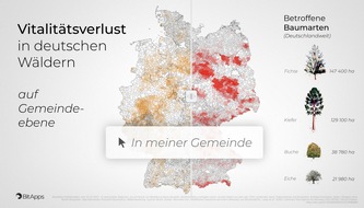 BitApps GmbH: Deutsche Wälder im Stress: Eine Satellitenkarte zeigt die aktuelle Situation für alle Gemeinden