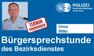 Kreispolizeibehörde Unna: POL-UN: Unna- Bürgersprechstunde des Bezirksdienstes der Polizei in Unna-Mitte - Bezirksbeamter Dirk Schneck bietet am Donnerstag, den 12.12.2019 Informationen und Hilfe an