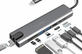 PEARL GmbH: Anschlussmöglichkeiten an Laptop, PC & Tablet-PC erweitern: Callstel 8in1-USB-C-Adapter, 4K-HDMI mit 60 Hz, 87 Watt, PD, USB 3.0, RJ45, SD-Slot
