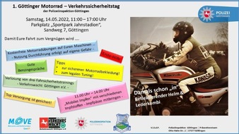 Polizeiinspektion Göttingen: POL-GÖ: (190/2022) Polizeiinspektion Göttingen veranstaltet "1. Göttinger Motorrad - Verkehrssicherheitstag" - Informatives Programm am 14. Mai am Jahnstadion