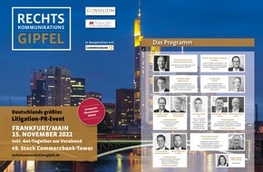 prmagazin: Rechtskommunikationsgipfel 2022 in Frankfurt / Anmeldeschluss: 10. November 2022