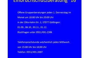 Polizeiinspektion Göttingen: POL-GÖ: (521/2016) Die Polizeiinspektion (PI) Göttingen setzt "Beratungsoffensive für wirksamen Einbruchschutz" fort - Nächster öffentlicher Termin am Donnerstag, 6. Oktober 2016, um 18.00 Uhr!