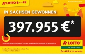 Sächsische Lotto-GmbH: Mittelsachse war mit einem Tipp auf sachsenlotto.de erfolgreich, 397.955 Euro gewonnen
