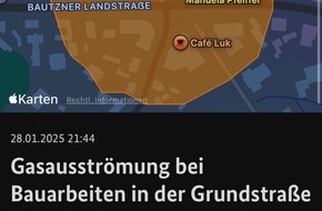 Feuerwehr Dresden: FW Dresden: Gasausströmung bei Bauarbeiten - Räumung von Wohngebäuden erforderlich