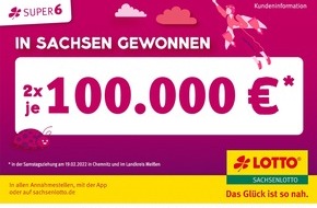 Sächsische Lotto-GmbH: Höchstgewinn der Zusatzlotterie SUPER 6 gleich 2x in Sachsen geknackt