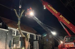 Feuerwehr Bochum: FW-BO: Nächtlicher Einsatz des Feuerwehrkrans, Baum droht Oberleitung abzureißen