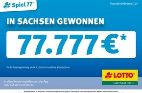 S&auml;chsische Lotto-GmbH: 77.777 Euro bei Spiel 77: Gl&uuml;ck im Landkreis Mittelsachsen und weitere Chance auf 1 Million Euro