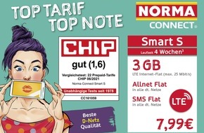 NORMA: NORMA Connect "Smart S"-Tarif vom Technikmagazin CHIP mit Top-Note ausgezeichnet / 3 GB Datenvolumen und Allnet-Flat in alle deutschen Netze