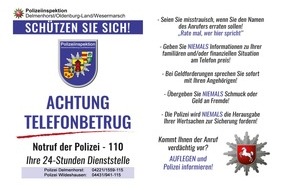 Polizeiinspektion Delmenhorst / Oldenburg - Land / Wesermarsch: POL-DEL: Polizeiinspektion Delmenhorst / Oldenburg-Land / Wesermarsch: Warnung vor Anrufen von falschen Polizeibeamten