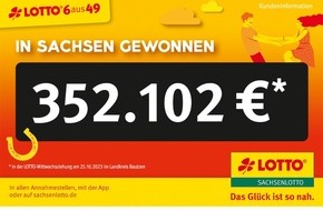 Sächsische Lotto-GmbH: Erneuter Spitzengewinn in Sachsen: 352.102 Euro für einen Lottospieler aus dem Landkreis Bautzen