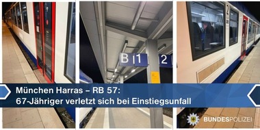 Bundespolizeidirektion München: Bundespolizeidirektion München: Bahnbetriebsunfall mit Personenschaden: 67-jähriger am Harras beim Einstiegsversuch verletzt