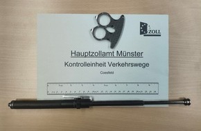 Hauptzollamt M&uuml;nster: HZA-MS: Fahrer mit Teleskopschlagstock, Schlagring und Taschenmesser unterwegs / Zoll stoppt Fahrzeug am Grenz&uuml;bergang in Ahaus